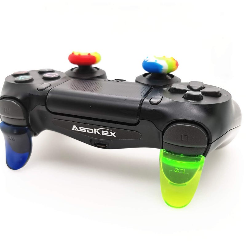 Asokex زنبركات L2 R2 لجهاز Ps4 (2 أزواج من موسعات الزناد، 6 قطع من قبضة عصا التحكم، 2 أزواج من ملصقات شريط الضوء LED) لجهاز تحكم Dualshock Ps4 (أخضر وأزرق) - Image 2